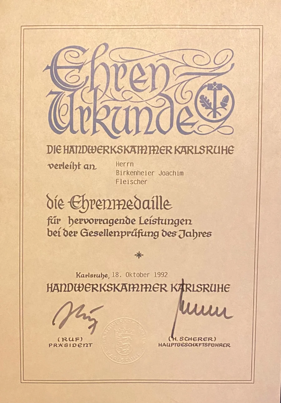 Ehrenurkunde der Handwerkskammer Karlsruhe · 1992