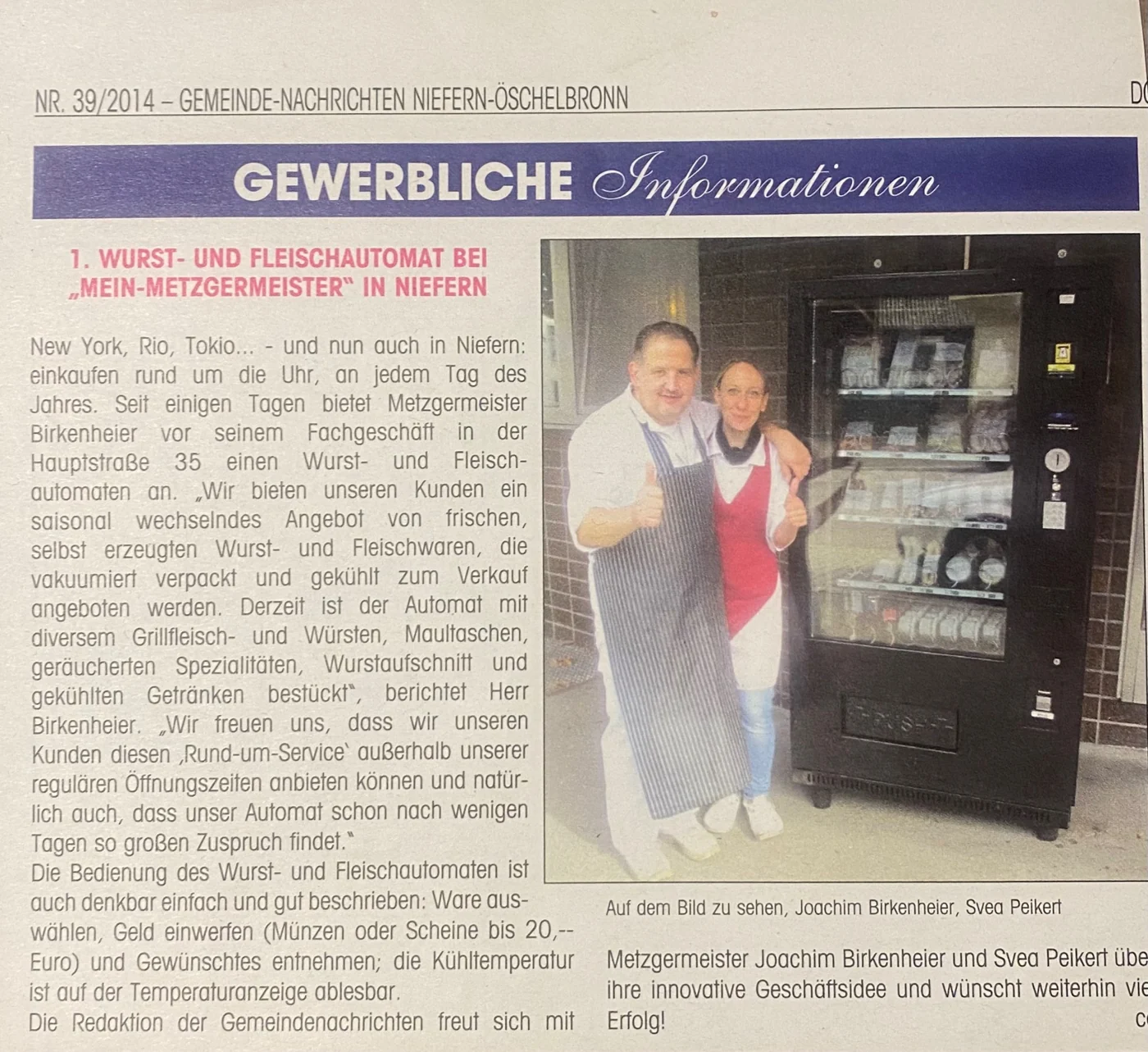 Der Fleischautomat in den Gemeindenachrichten